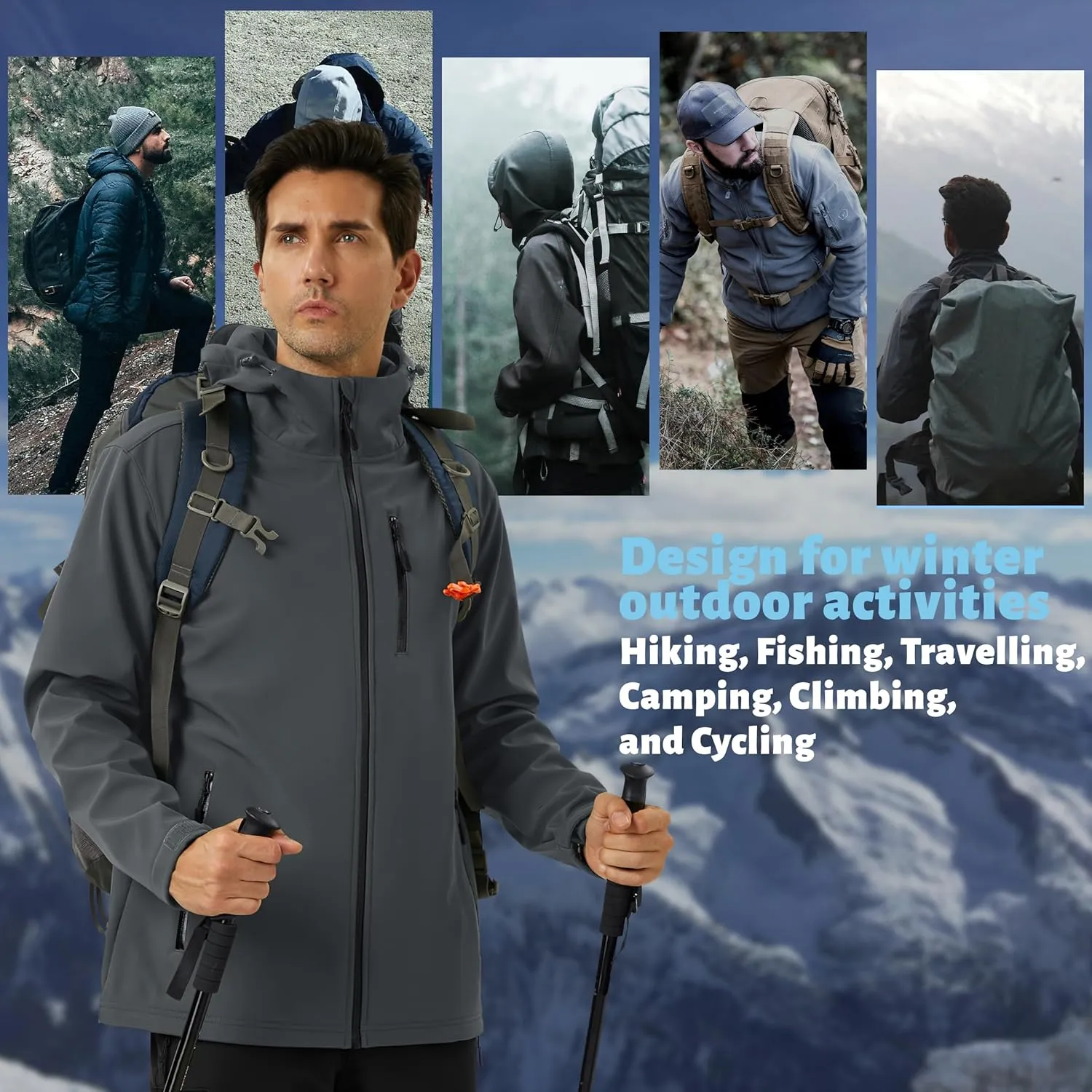 TACVASEN Men's Hooded Softshell Jacket Lightweight Waterproof Fleece Lined Windbreaker Rain Jacket Winter Outdoor Hiking
