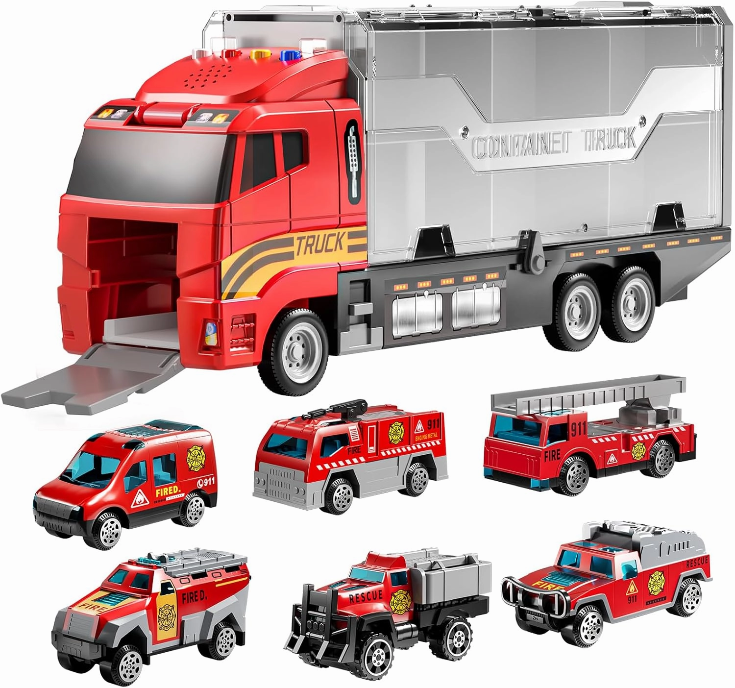 TEMI Toddler Toys for 3 4 5 6 Years Old Boys, Die-cast, Alloy Metal Emergency Fire Rescue Vehicle Transport Car / Truck Toys Set w/Play Mat for Age 3-9 Toddlers Kids Boys & Girls