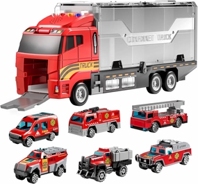 TEMI Toddler Toys for 3 4 5 6 Years Old Boys, Die-cast, Alloy Metal Emergency Fire Rescue Vehicle Transport Car / Truck Toys Set w/Play Mat for Age 3-9 Toddlers Kids Boys & Girls