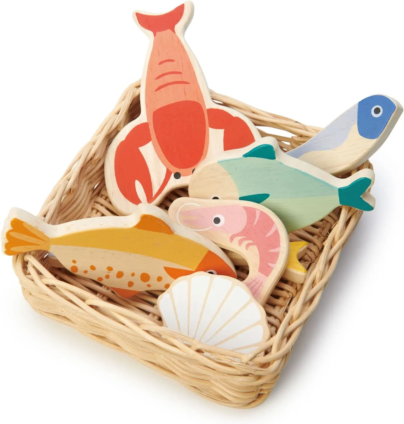 Tender Leaf Toys - Seafood Basket - 6 Pcs Wooden Seafood with Hand-Crafted Wicker Basket, Pretend Food Play Supermarket Shopping Game Play Kitchen Accessories - Age 3 