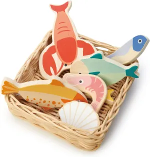 Tender Leaf Toys - Seafood Basket - 6 Pcs Wooden Seafood with Hand-Crafted Wicker Basket, Pretend Food Play Supermarket Shopping Game Play Kitchen Accessories - Age 3 