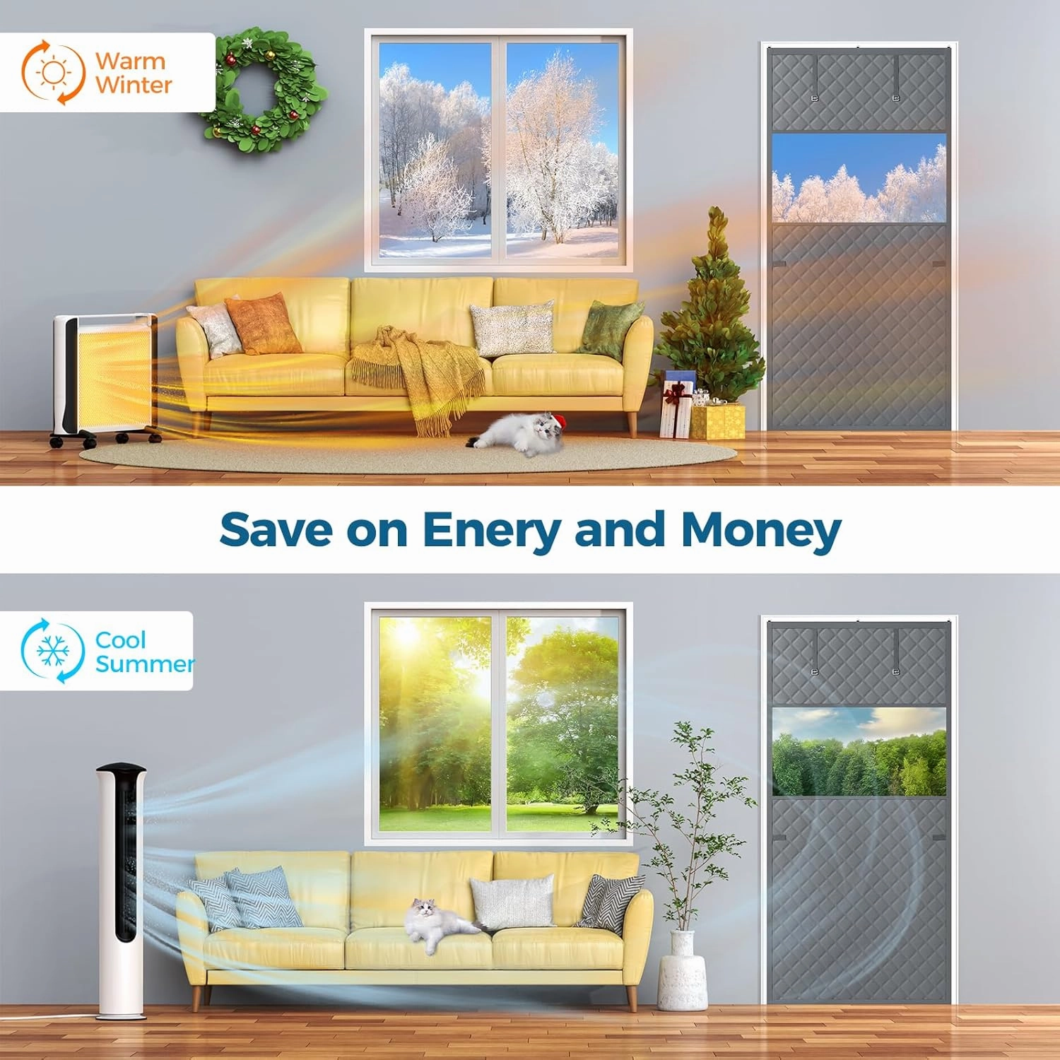 Thermal Insulated Door Curtain Fits Door Size 38 x 83 Inch, Oxford Cloth Thicken Cotton Fiber, Curtain Size 41" x 85", Single Piece Screen Insulation Cover to Keep Warm, with Clear Windows