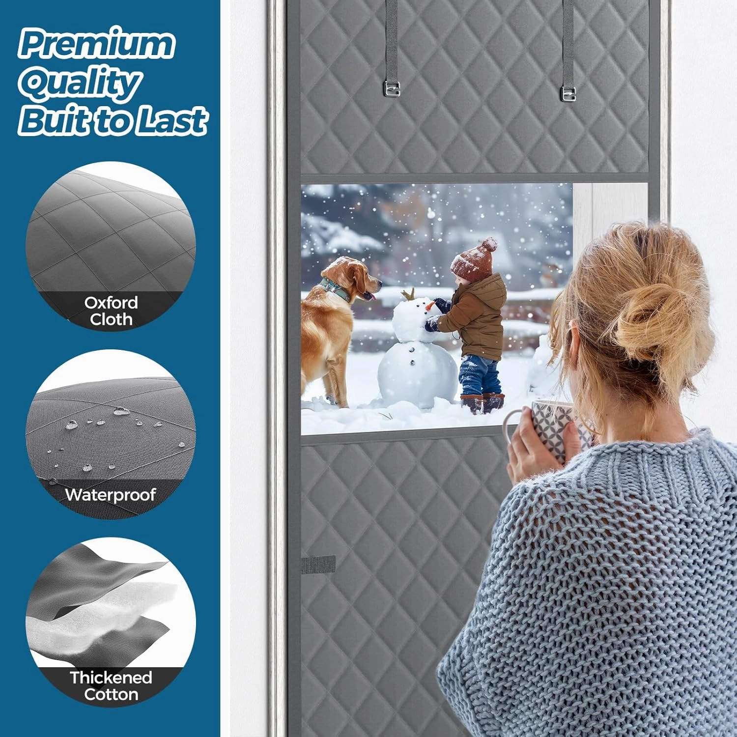 Thermal Insulated Door Curtain Fits Door Size 38 x 83 Inch, Oxford Cloth Thicken Cotton Fiber, Curtain Size 41" x 85", Single Piece Screen Insulation Cover to Keep Warm, with Clear Windows
