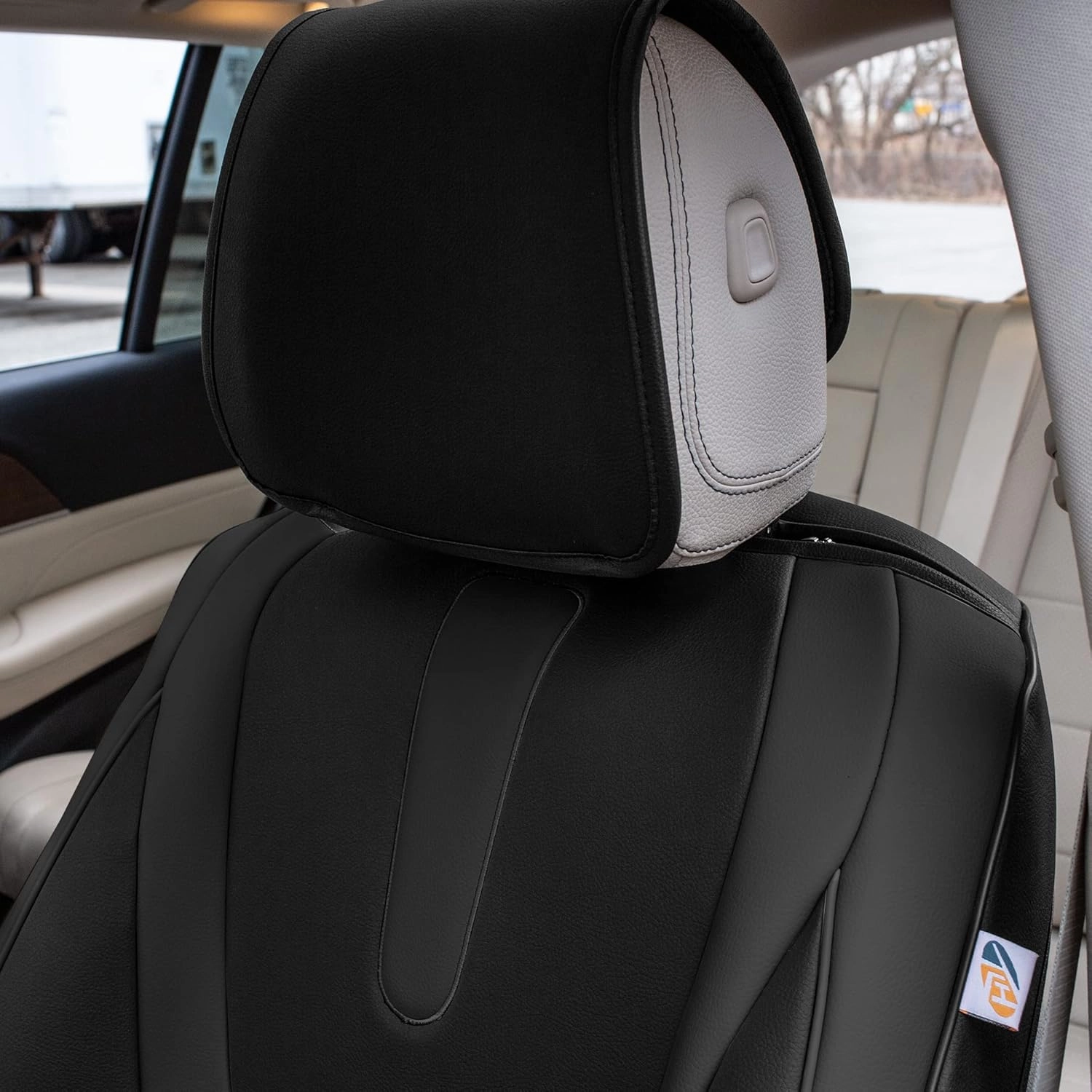 TLH Hybrid70 Deluxe Faux Leather Black Car Seat Covers with Modern Pattern – Front Set, Universal Fit Car Seat Protector, 2 Pack Seat Covers for Cars Trucks SUV, Waterproof Car Seat Cover Cushion