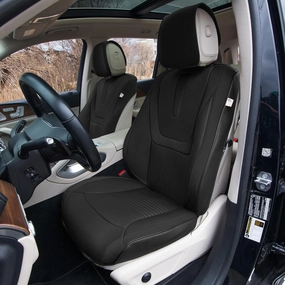 TLH Hybrid70 Deluxe Faux Leather Black Car Seat Covers with Modern Pattern – Front Set, Universal Fit Car Seat Protector, 2 Pack Seat Covers for Cars Trucks SUV, Waterproof Car Seat Cover Cushion