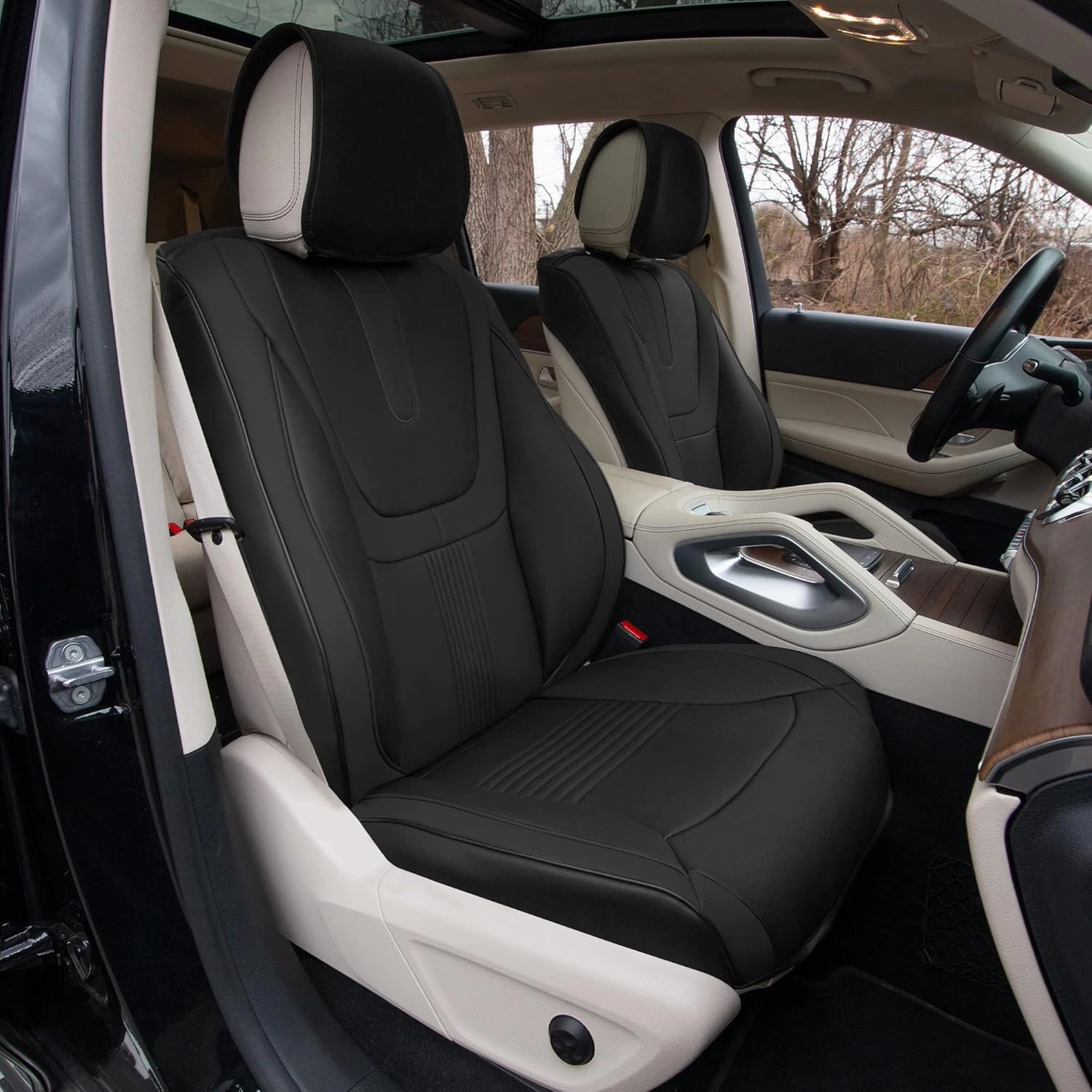 TLH Hybrid70 Deluxe Faux Leather Black Car Seat Covers with Modern Pattern – Front Set, Universal Fit Car Seat Protector, 2 Pack Seat Covers for Cars Trucks SUV, Waterproof Car Seat Cover Cushion