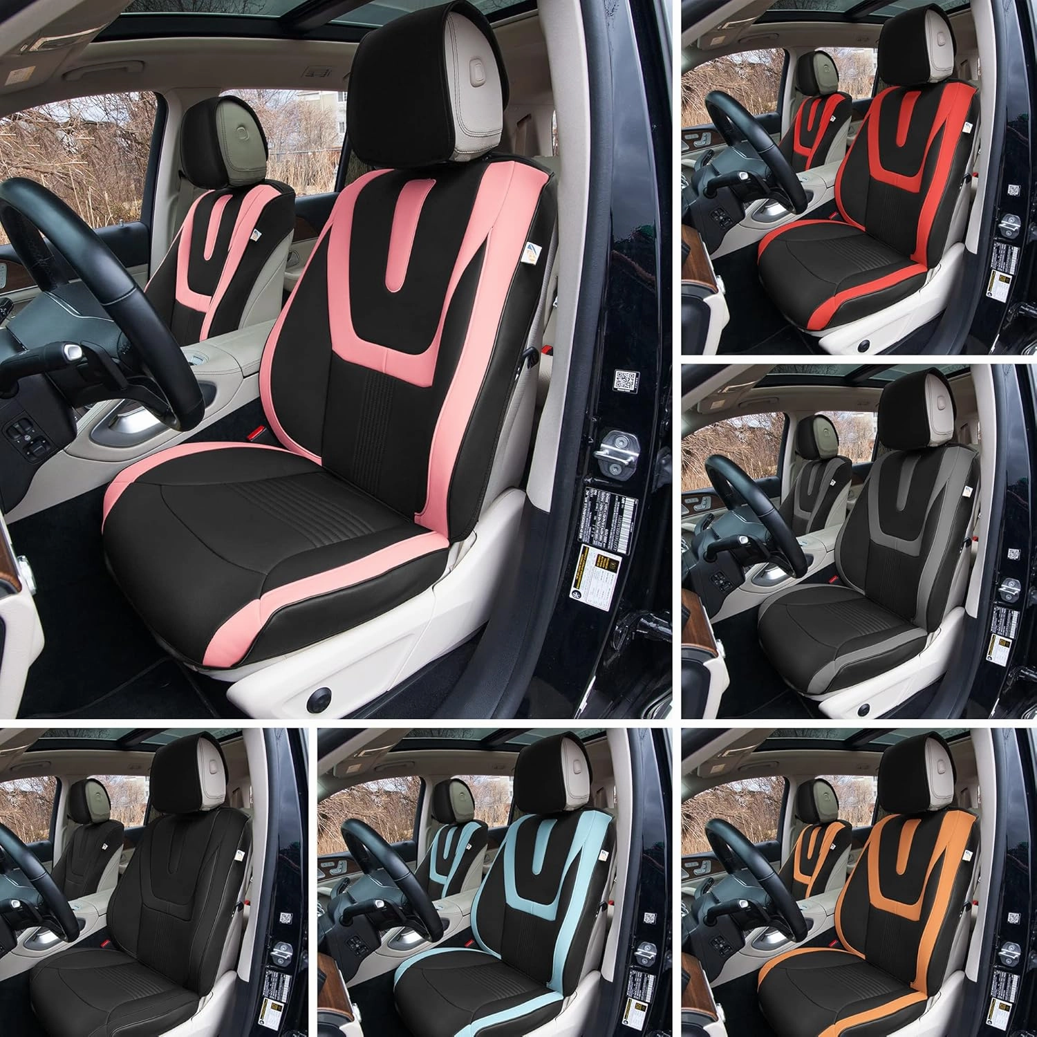 TLH Hybrid70 Deluxe Faux Leather Black Car Seat Covers with Modern Pattern – Front Set, Universal Fit Car Seat Protector, 2 Pack Seat Covers for Cars Trucks SUV, Waterproof Car Seat Cover Cushion