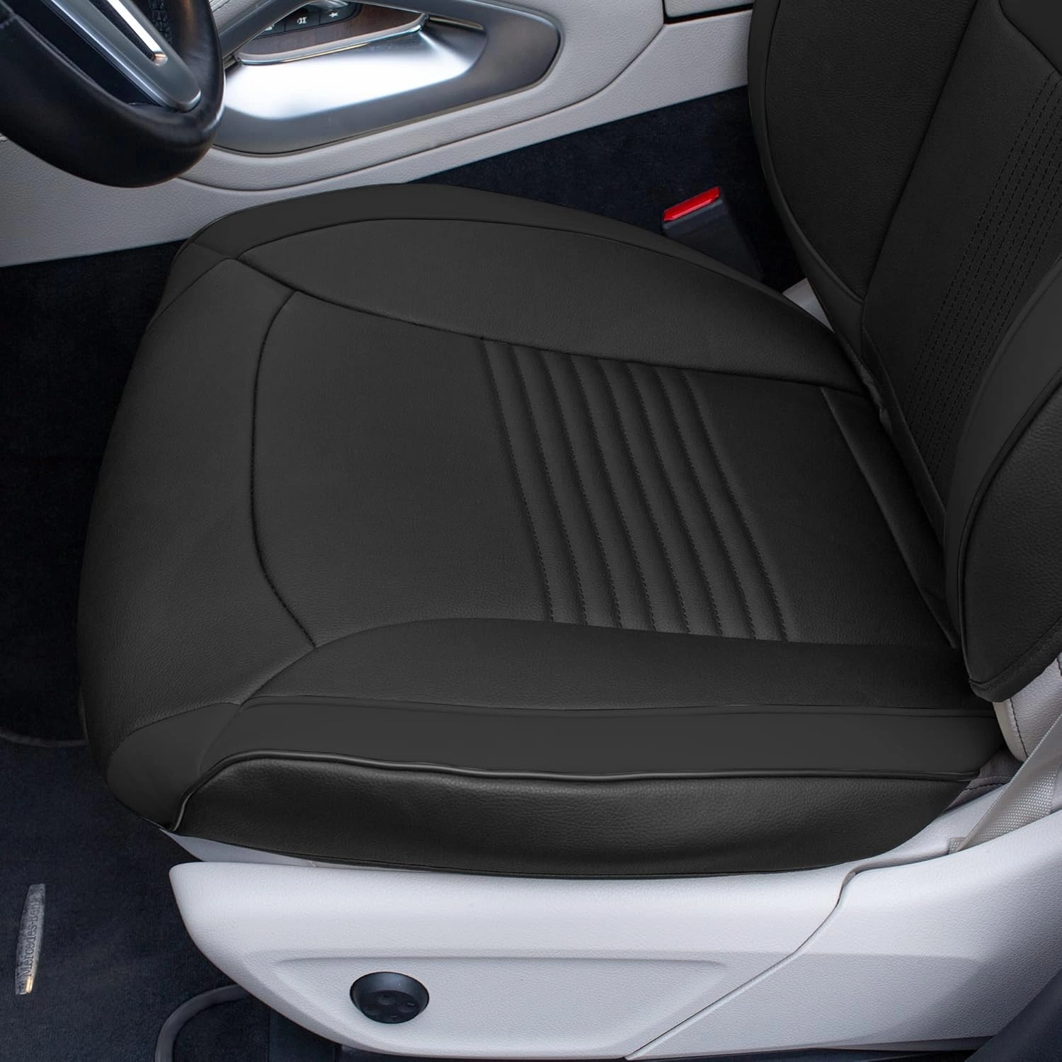 TLH Hybrid70 Deluxe Faux Leather Black Car Seat Covers with Modern Pattern – Front Set, Universal Fit Car Seat Protector, 2 Pack Seat Covers for Cars Trucks SUV, Waterproof Car Seat Cover Cushion