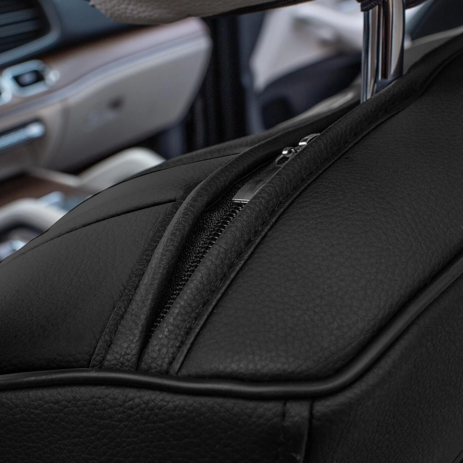 TLH Hybrid70 Deluxe Faux Leather Black Car Seat Covers with Modern Pattern – Front Set, Universal Fit Car Seat Protector, 2 Pack Seat Covers for Cars Trucks SUV, Waterproof Car Seat Cover Cushion