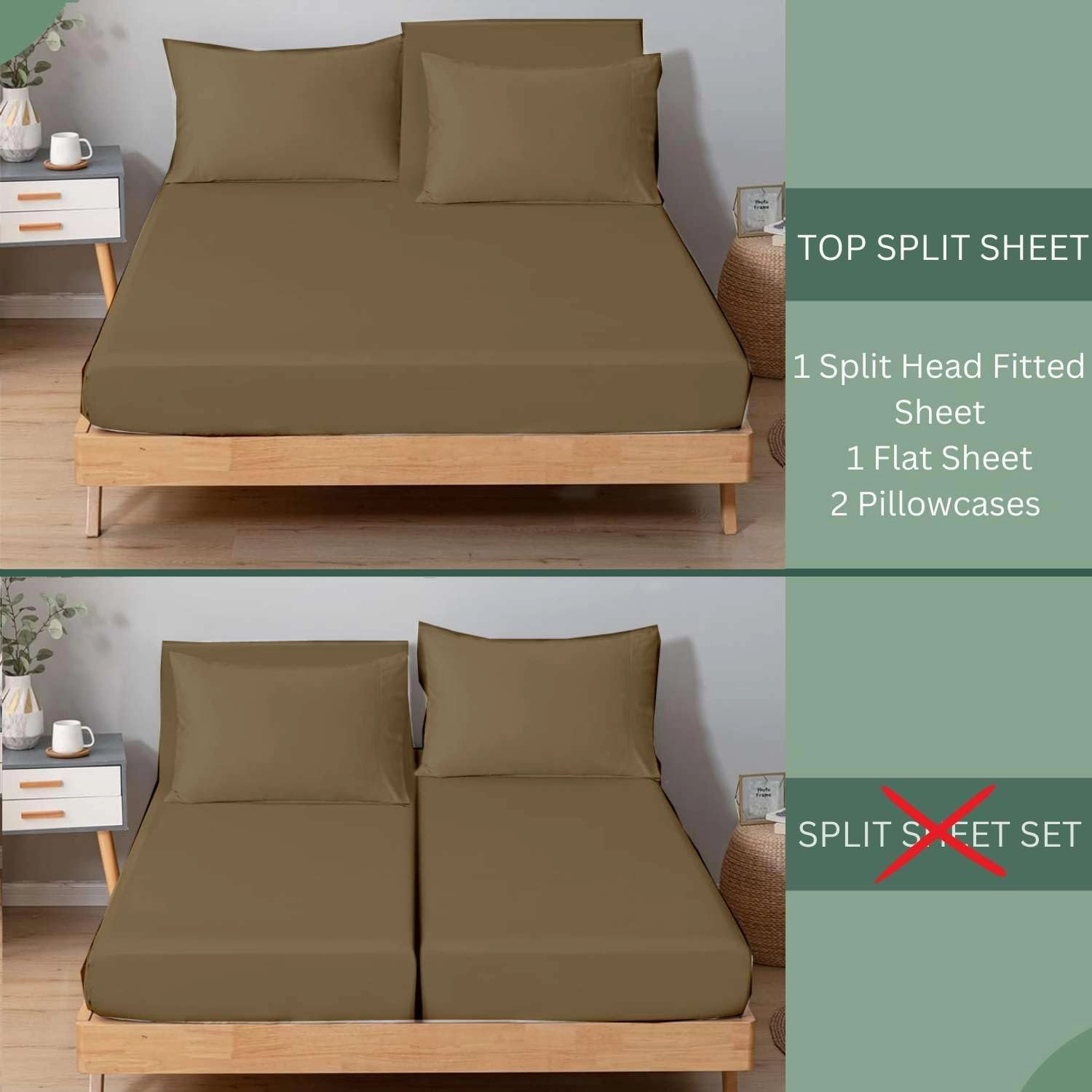 Top Split King Sheets Sets for Adjustable beds, Sheets for Sleep Number Bed Split King deep Pocket, 34" Split Top King Sheets 100% Cotton, Flex Top Sheets, Taupe Solid