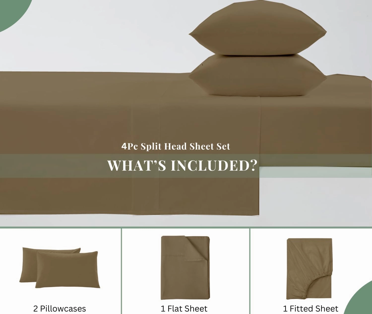 Top Split King Sheets Sets for Adjustable beds, Sheets for Sleep Number Bed Split King deep Pocket, 34" Split Top King Sheets 100% Cotton, Flex Top Sheets, Taupe Solid