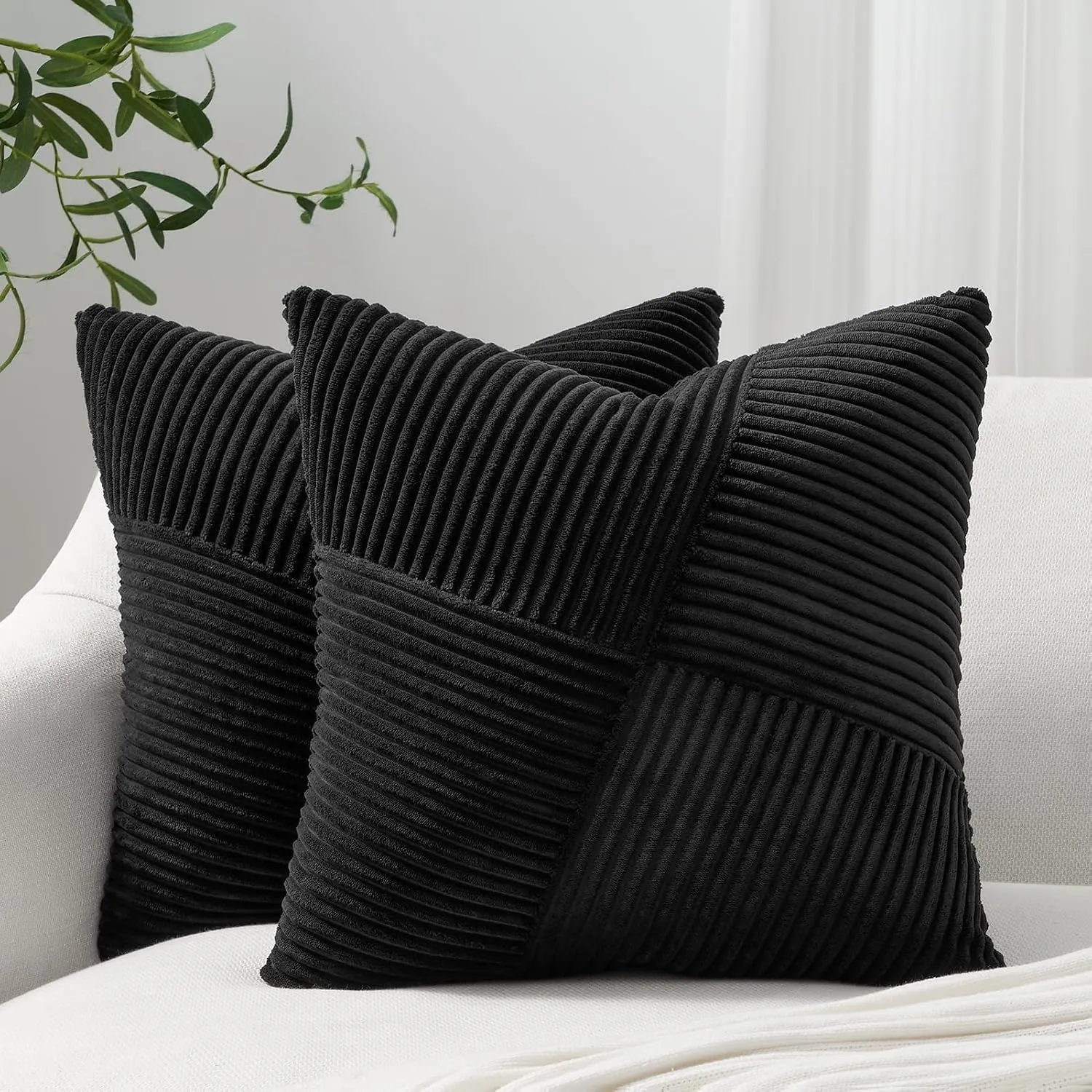 Topfinel Set of 2 Black Decorative Yellow Throw Pillow Covers 20x20 Inch for Couch Sofa Bed, Rustic Farmhouse Boho Home Decor, Soft Corduroy Windmill Textured Striped Patchwork Cushion Cases