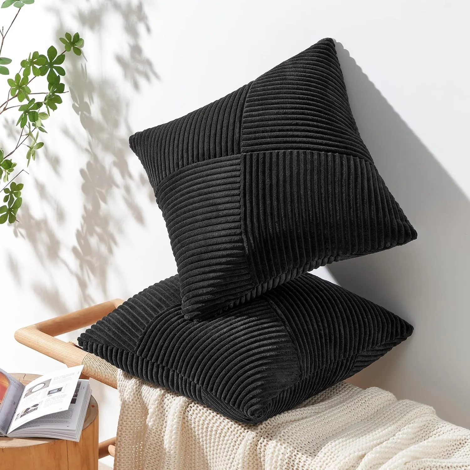 Topfinel Set of 2 Black Decorative Yellow Throw Pillow Covers 20x20 Inch for Couch Sofa Bed, Rustic Farmhouse Boho Home Decor, Soft Corduroy Windmill Textured Striped Patchwork Cushion Cases