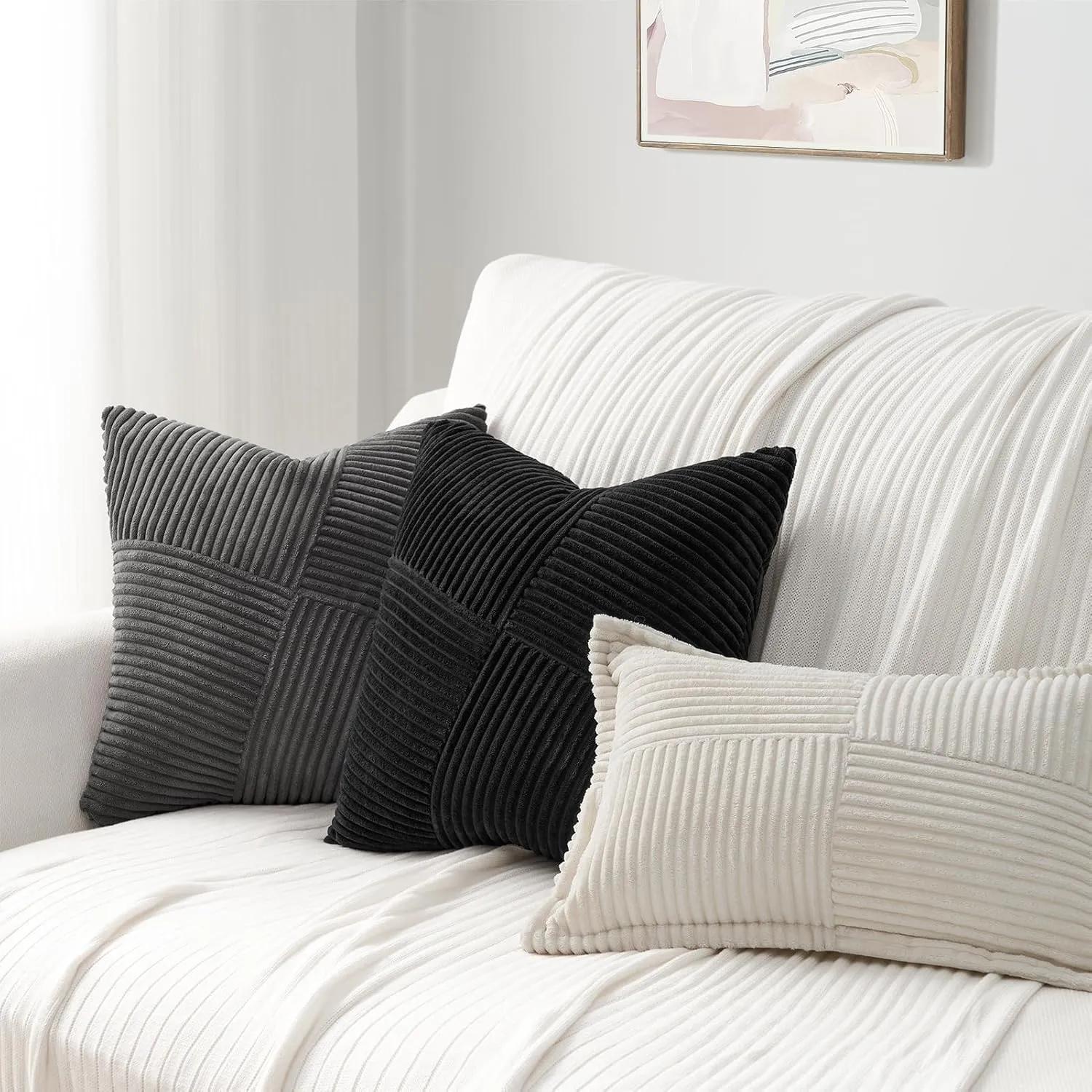 Topfinel Set of 2 Black Decorative Yellow Throw Pillow Covers 20x20 Inch for Couch Sofa Bed, Rustic Farmhouse Boho Home Decor, Soft Corduroy Windmill Textured Striped Patchwork Cushion Cases