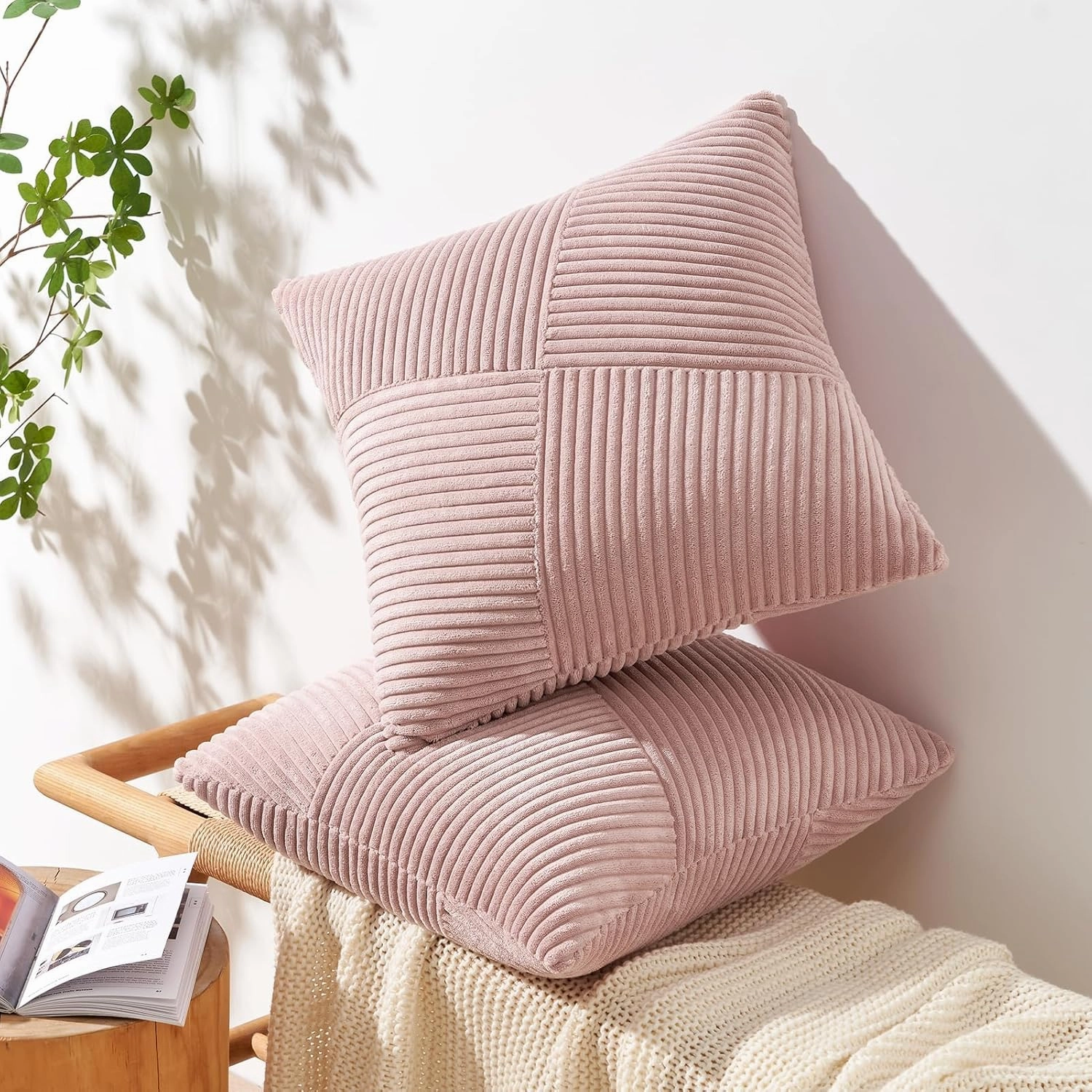 Topfinel Set of 2 Pink Decorative Yellow Throw Pillow Covers 20x20 Inch for Couch Sofa Bed, Rustic Farmhouse Boho Home Decor, Soft Corduroy Windmill Textured Striped Patchwork Cushion Cases