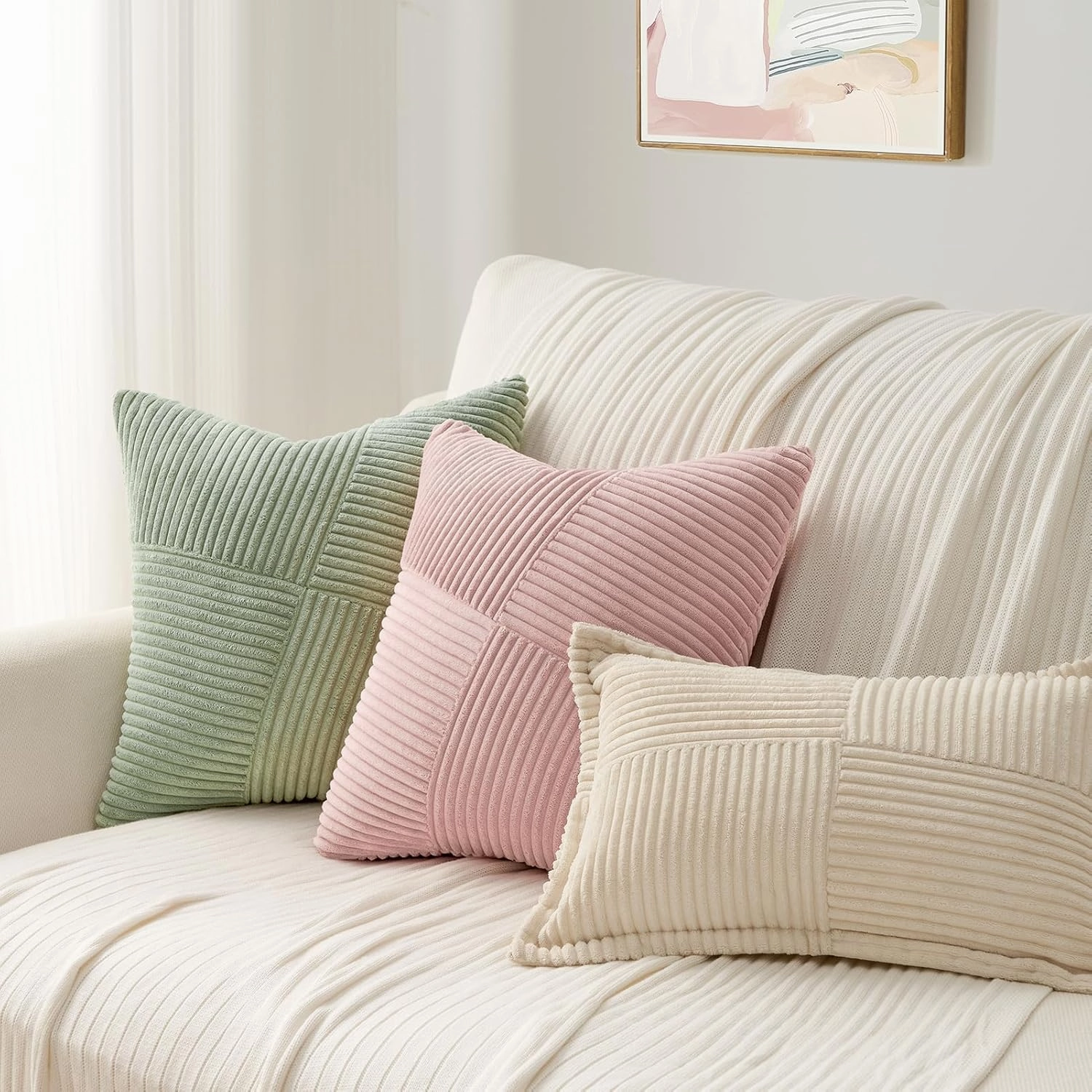 Topfinel Set of 2 Pink Decorative Yellow Throw Pillow Covers 20x20 Inch for Couch Sofa Bed, Rustic Farmhouse Boho Home Decor, Soft Corduroy Windmill Textured Striped Patchwork Cushion Cases