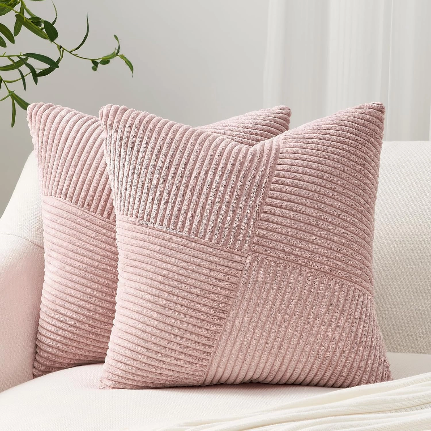 Topfinel Set of 2 Pink Decorative Yellow Throw Pillow Covers 20x20 Inch for Couch Sofa Bed, Rustic Farmhouse Boho Home Decor, Soft Corduroy Windmill Textured Striped Patchwork Cushion Cases