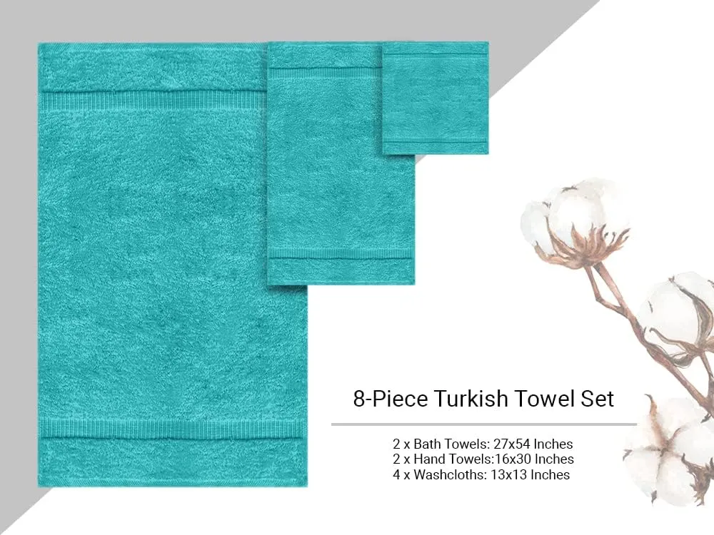 Towel Bazaar Premium Cotton Super Soft and Absorbent Turkish Towels (8-Piece Towel Set, Aqua Blue)