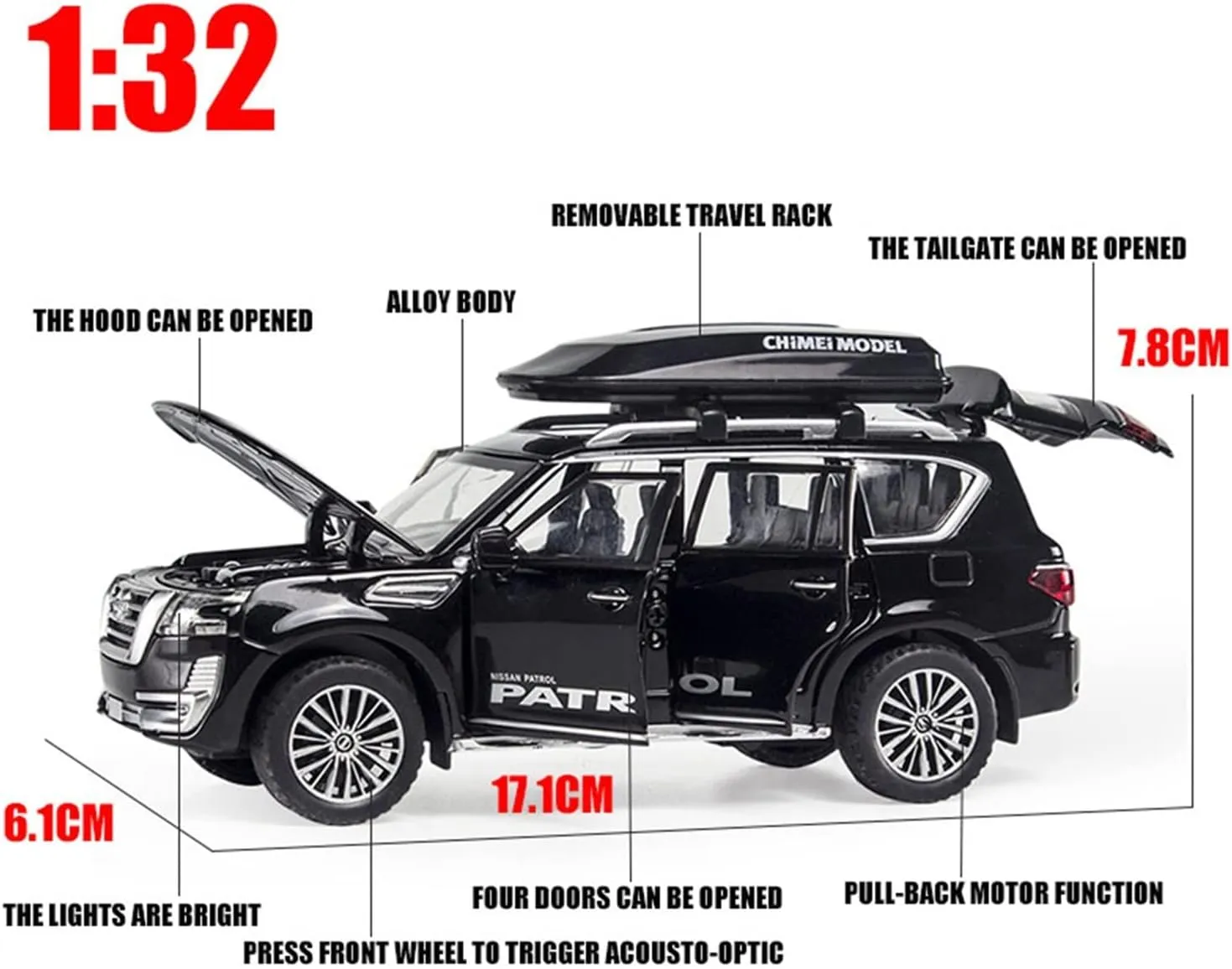 Toy car Model 1:32 for Nisssan Patrol Y62 Car Model Diecast Alloy Car Travel Rack Sound Light Pull Back Toy (Color : White)