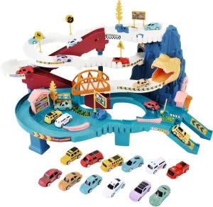Toy Dinosaur Car Track Set, Colorful Railcar Vehicle Construction Play Set for Kids Ages 3 Years and Up, Racing Track Toy with 12 Racing Cars