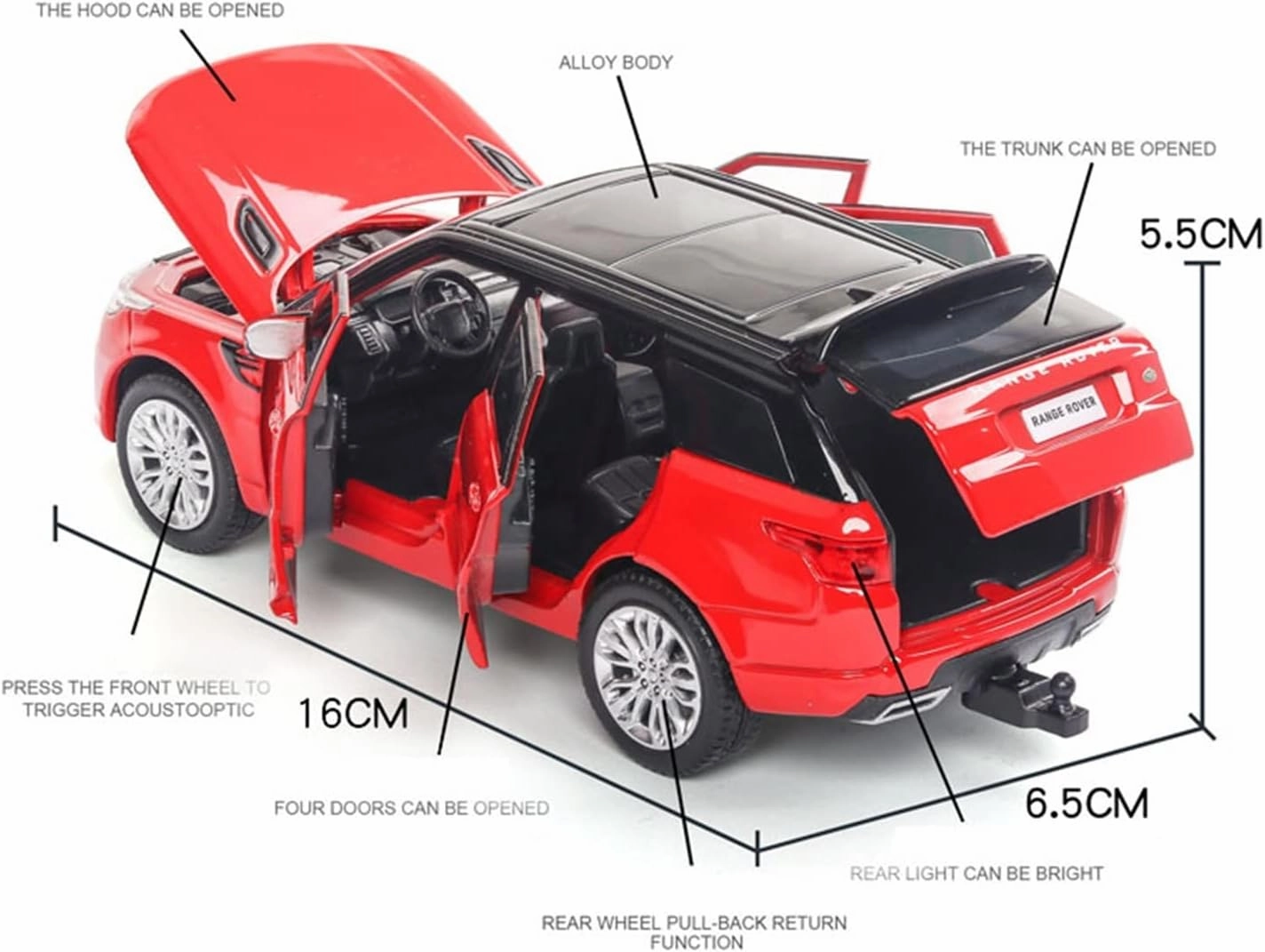 Toy car Model 1:32 Alloy Car for Land-Rover Range Rover Sports Car Model with Sound and Light Toys (Color : Black)