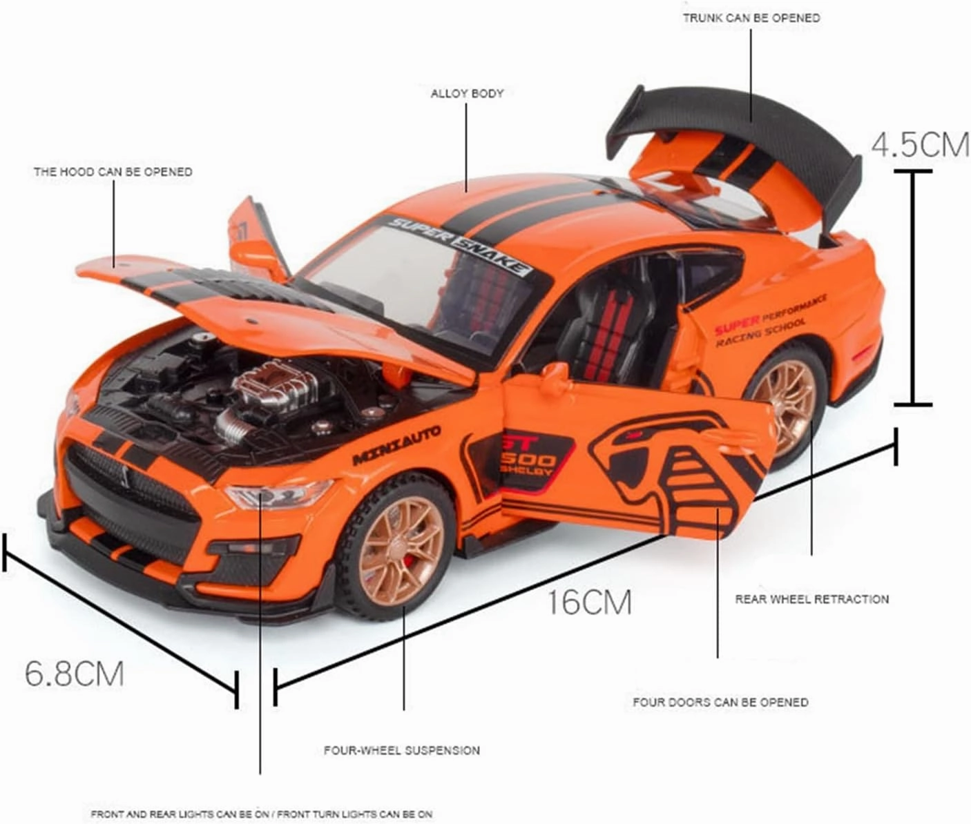 Toy car Model 1/32 for Ford Mustang Shelby GT500 Alloy Sports Car Model Diecast with Sound and Light Toy Gift (Color : White)