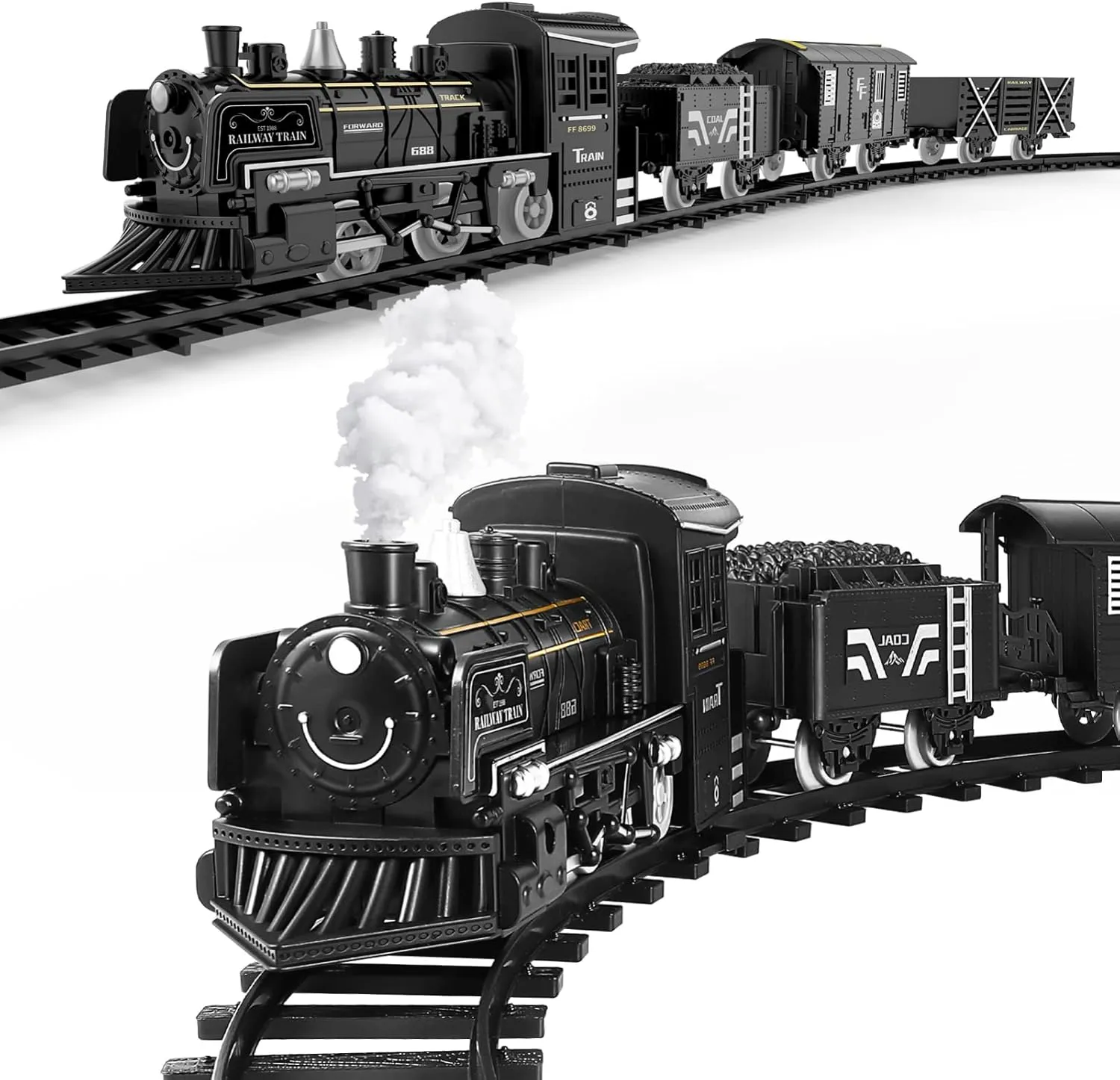 TOYANDONA Train Set with Steam Locomotive Engine, Electric Train Toy for Boys Girls with Smokes, Lights& Sound, Cargo Cars& Tracks, Christmas Train Sets Under the Tree, for Kids Ages 3 4 5 6 7 8 