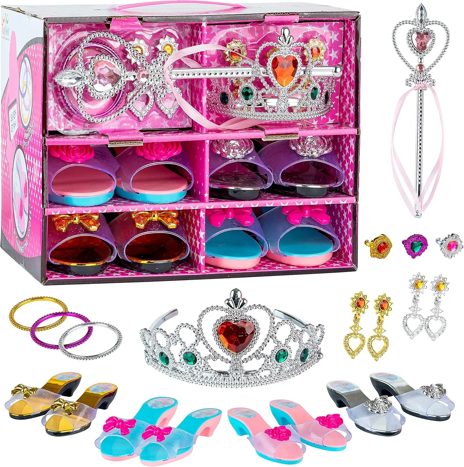 Toyvelt Princess Dress Up Shoes and Jewelry Boutique - Pretend Play for Little Girls Set Incl 4 Pairs Princess Shoes and Lots of Accessories - Toddler Girl Toys (Classic Edition)