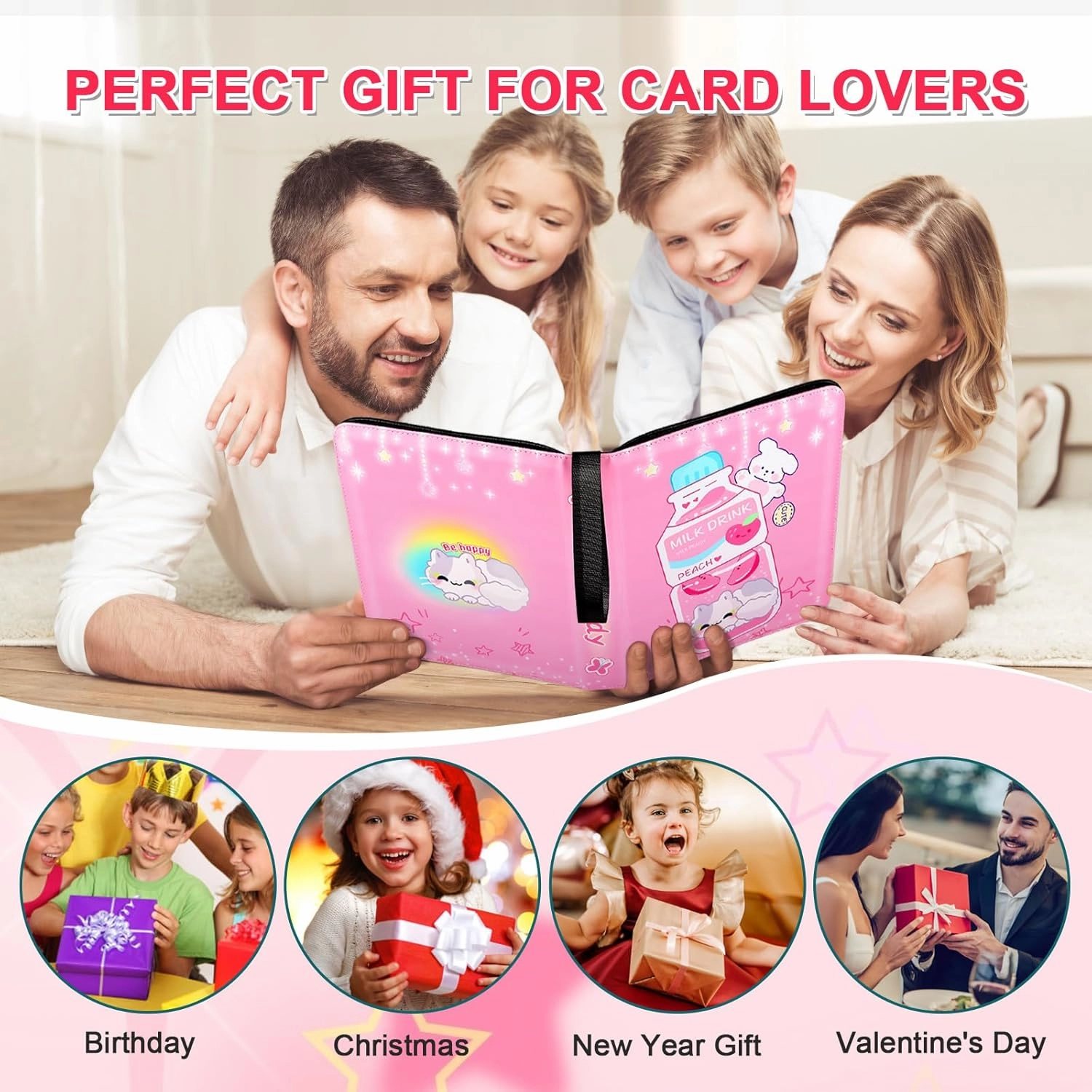 Trading Card Binder,900 Cards Collectible Trading Card Holder Case with 50 Sleeves, 9 Pocket for TCG Game Cards Collection Sports Trading Cards Collector Album (Pink milk bottle, 900 Pockets)