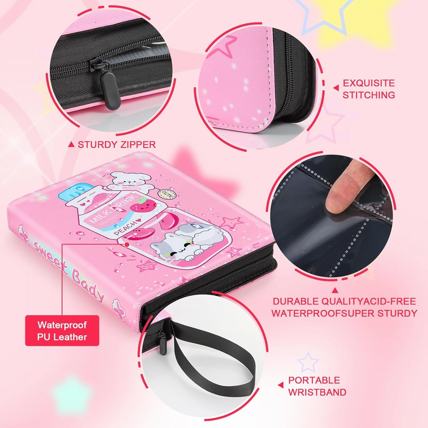 Trading Card Binder,900 Cards Collectible Trading Card Holder Case with 50 Sleeves, 9 Pocket for TCG Game Cards Collection Sports Trading Cards Collector Album (Pink milk bottle, 900 Pockets)