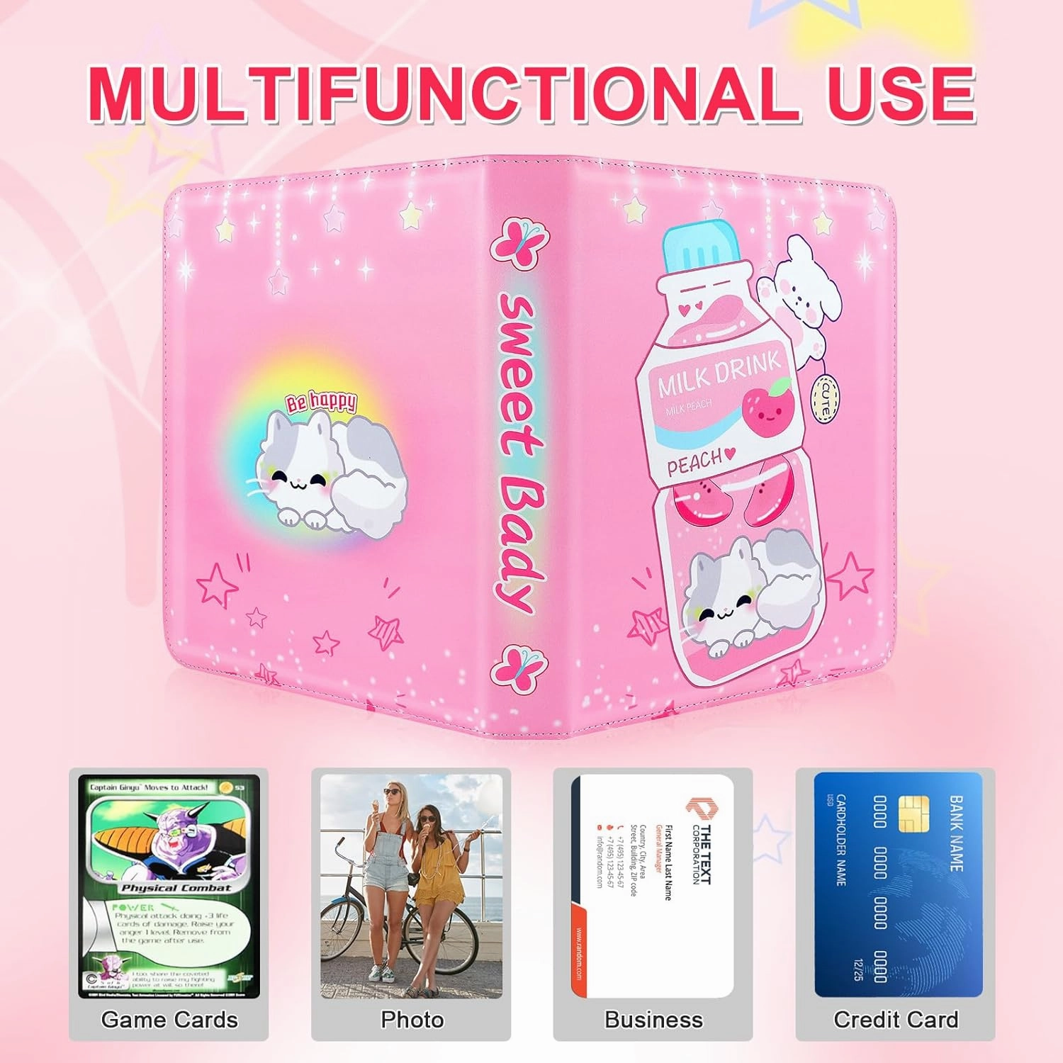 Trading Card Binder,900 Cards Collectible Trading Card Holder Case with 50 Sleeves, 9 Pocket for TCG Game Cards Collection Sports Trading Cards Collector Album (Pink milk bottle, 900 Pockets)