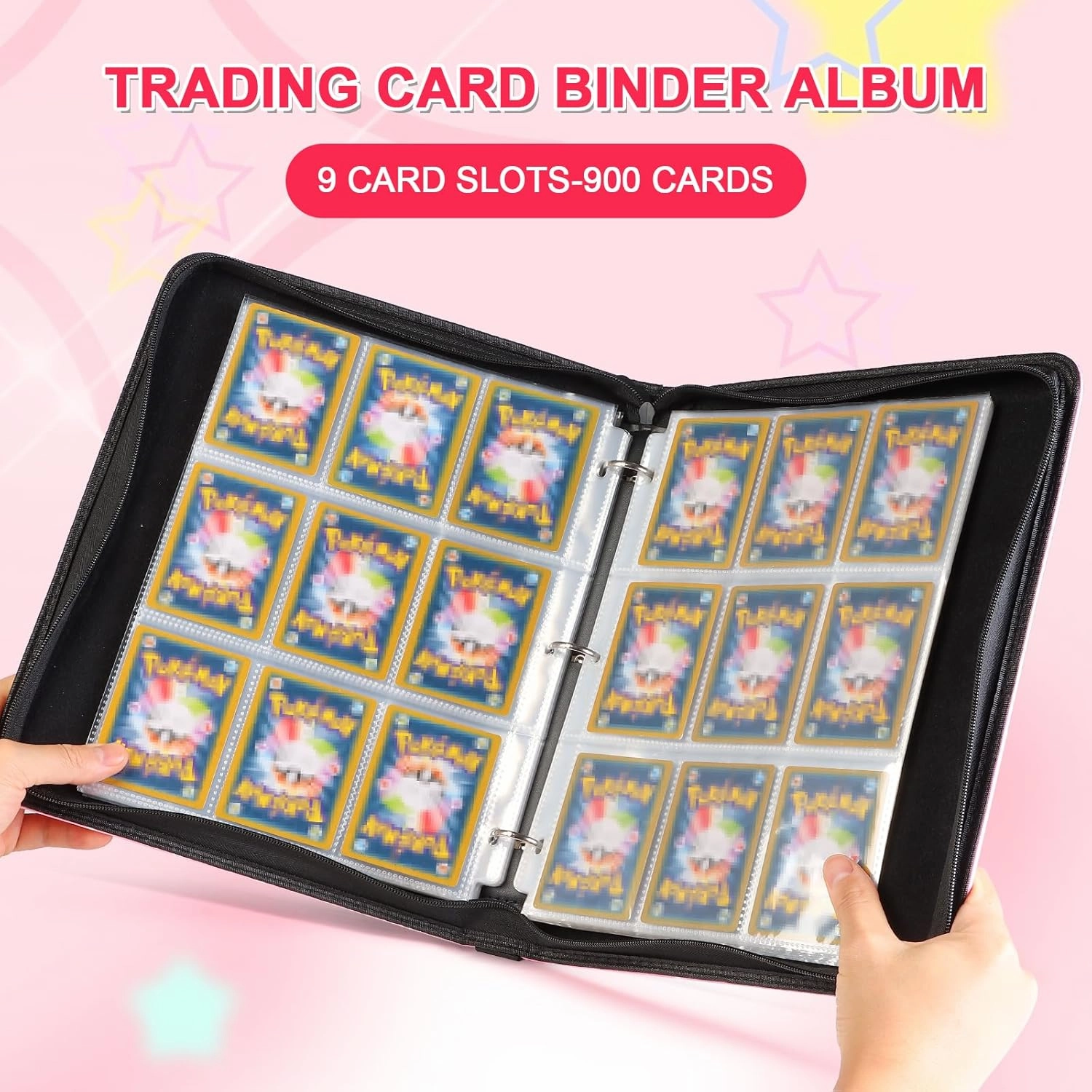 Trading Card Binder,900 Cards Collectible Trading Card Holder Case with 50 Sleeves, 9 Pocket for TCG Game Cards Collection Sports Trading Cards Collector Album (Pink milk bottle, 900 Pockets)