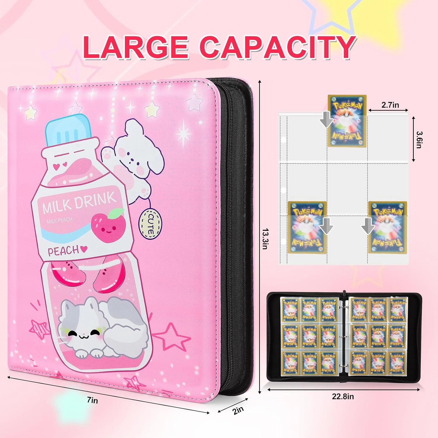Trading Card Binder,900 Cards Collectible Trading Card Holder Case with 50 Sleeves, 9 Pocket for TCG Game Cards Collection Sports Trading Cards Collector Album (Pink milk bottle, 900 Pockets)