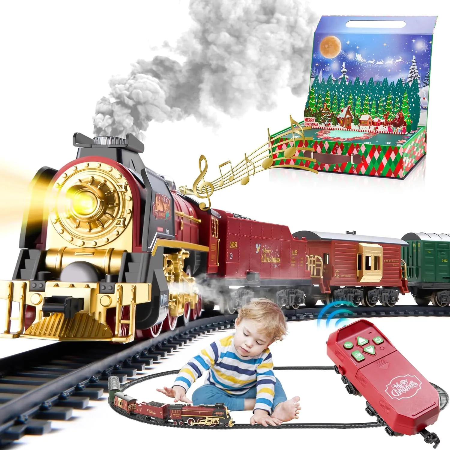 Train Set with Gift Case and Remote Control, Train Toys with Smoke, Light and Sound, Christmas Train Sets for Around The Tree, Toy Train Set for 3 4 5 6 7 8  Years Old Boys Toddlers Gifts