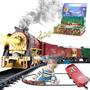 Train Set with Gift Case and Remote Control, Train Toys with Smoke, Light and Sound, Christmas Train Sets for Around The Tree, Toy Train Set for 3 4 5 6 7 8  Years Old Boys Toddlers Gifts