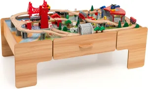 Train Table, 100-Piece Wooden Kids Activity Table with Storage Drawer, Tracks, Trains, Cars, Train Track Set with Reversible Tabletop, Train Table Set for Toddlers 3-5, Gift for Boys Girls