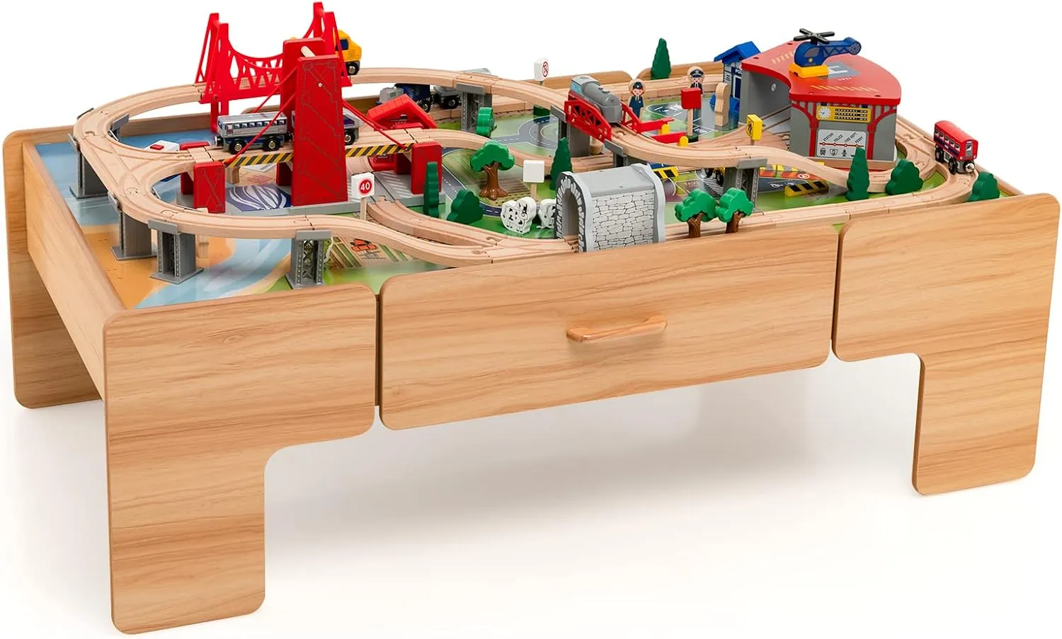 Train Table, 100-Piece Wooden Kids Activity Table with Storage Drawer, Tracks, Trains, Cars, Train Track Set with Reversible Tabletop, Train Table Set for Toddlers 3-5, Gift for Boys Girls