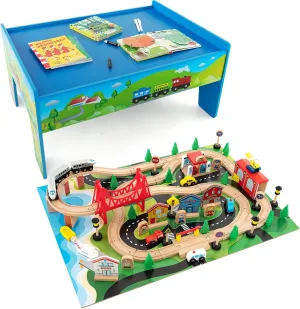 Train Table, Train Set Play Table w/Double-Sided Tabletop, Railway Tracks, Cars, Multipurpose Kids Activity Table for Kids Playroom, Bedroom, Ideal Gifts for Toddlers Aged 3  (80 Pcs)
