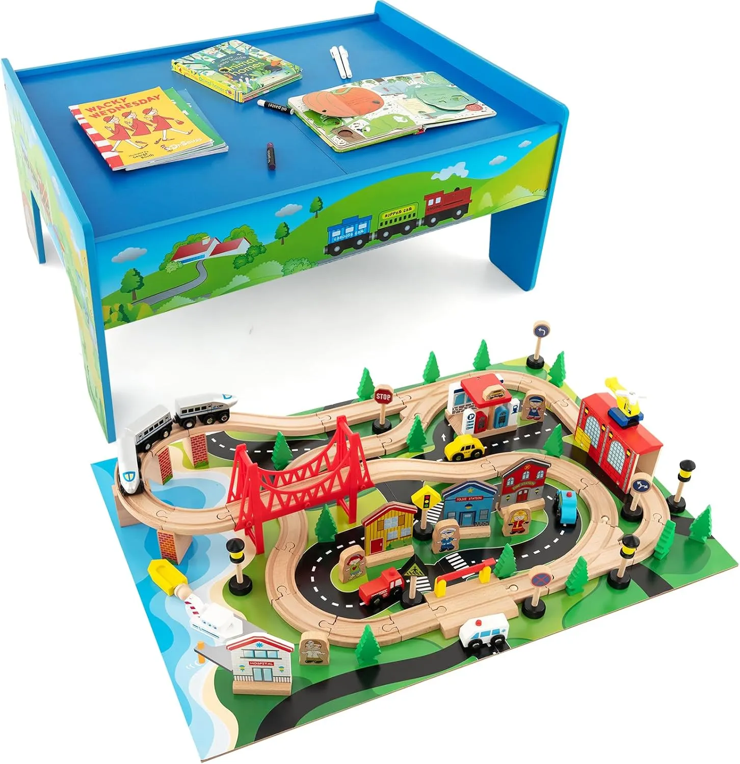 Train Table, Train Set Play Table w/Double-Sided Tabletop, Railway Tracks, Cars, Multipurpose Kids Activity Table for Kids Playroom, Bedroom, Ideal Gifts for Toddlers Aged 3  (80 Pcs)