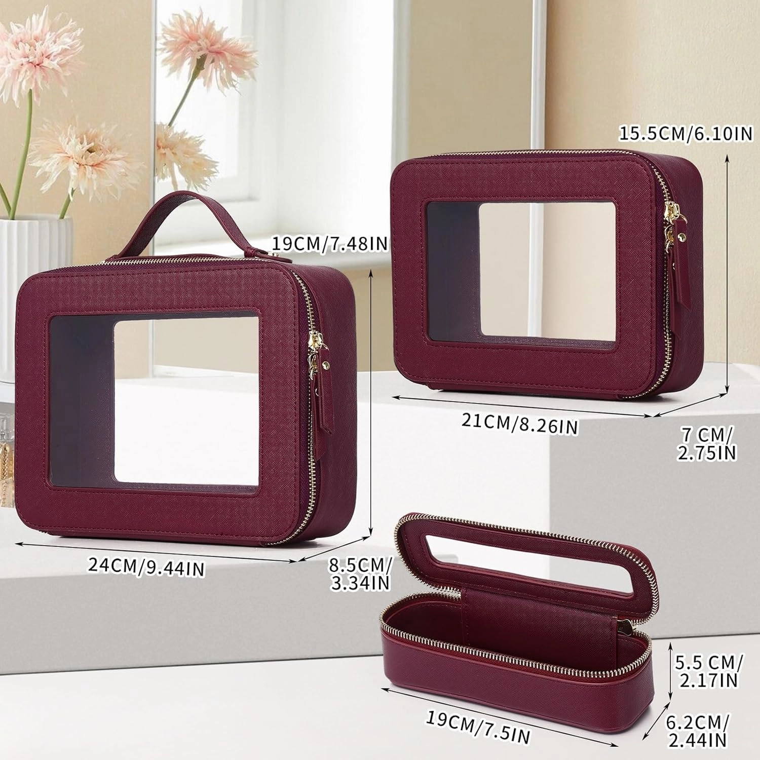 Travel Makeup Set Waterproof Transparent Cosmetic Bag and Toiletry Bag Makeup Brush case with Zipper Car Essentials for Women (Burgundy, L M SLIM)