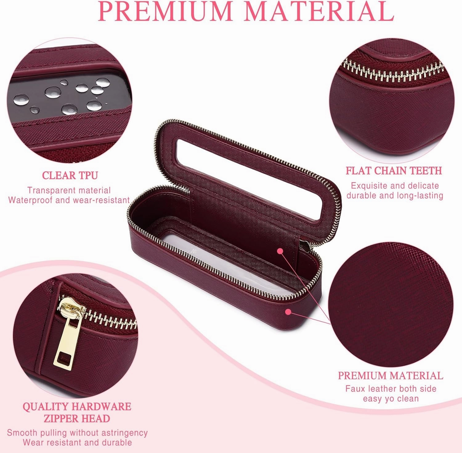 Travel Makeup Set Waterproof Transparent Cosmetic Bag and Toiletry Bag Makeup Brush case with Zipper Car Essentials for Women (Burgundy, L M SLIM)