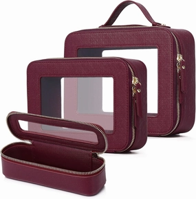 Travel Makeup Set Waterproof Transparent Cosmetic Bag and Toiletry Bag Makeup Brush case with Zipper Car Essentials for Women (Burgundy, L M SLIM)