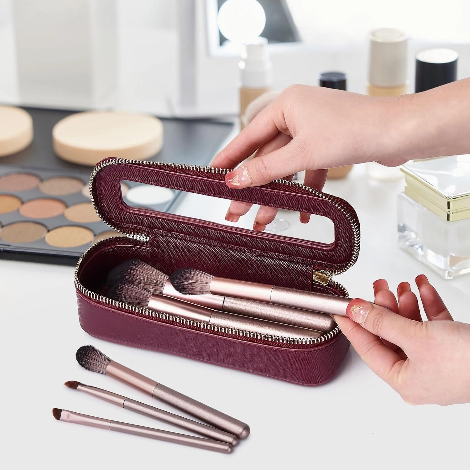 Travel Makeup Set Waterproof Transparent Cosmetic Bag and Toiletry Bag Makeup Brush case with Zipper Car Essentials for Women (Burgundy, L M SLIM)