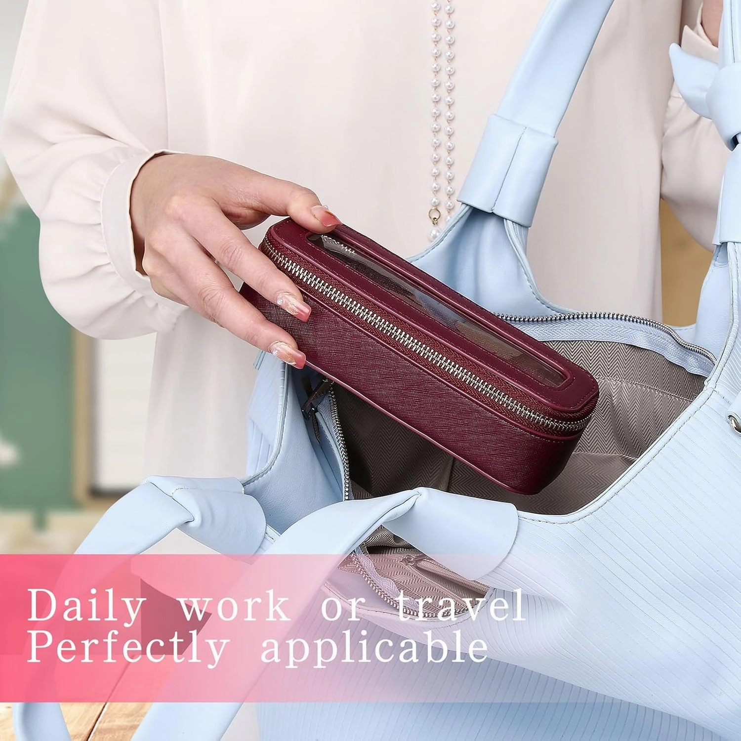 Travel Makeup Set Waterproof Transparent Cosmetic Bag and Toiletry Bag Makeup Brush case with Zipper Car Essentials for Women (Burgundy, L M SLIM)