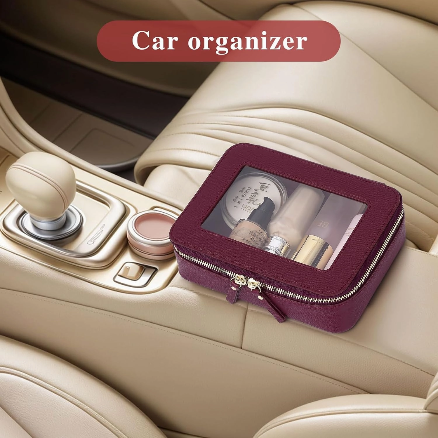 Travel Makeup Set Waterproof Transparent Cosmetic Bag and Toiletry Bag Makeup Brush case with Zipper Car Essentials for Women (Burgundy, L M SLIM)