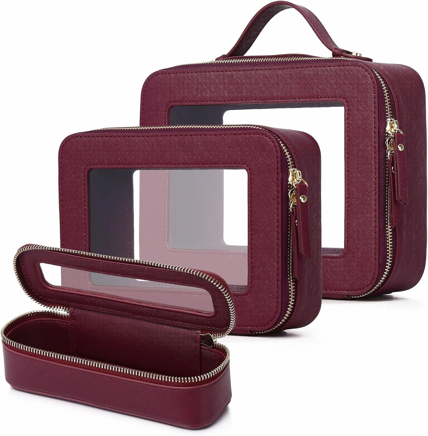 Travel Makeup Set Waterproof Transparent Cosmetic Bag and Toiletry Bag Makeup Brush case with Zipper Car Essentials for Women (Burgundy, L M SLIM)