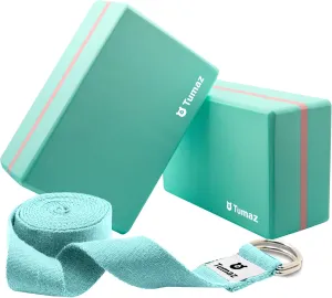 Tumaz Yoga Blocks 2 Pack with Strap Set, High Density/Lightweight EVA Foam and Non-Slip Natural Cork Blocks & Premium 8F Yoga Strap Set - E-Book Included