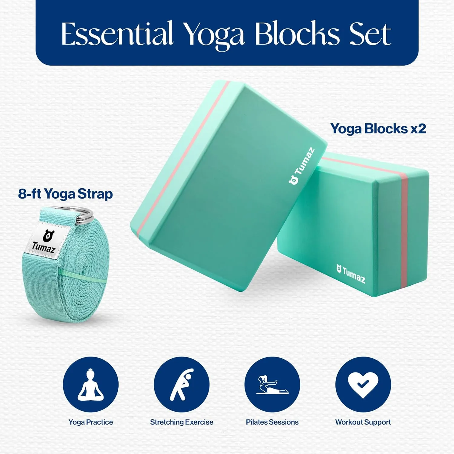 Tumaz Yoga Blocks 2 Pack with Strap Set, High Density/Lightweight EVA Foam and Non-Slip Natural Cork Blocks & Premium 8F Yoga Strap Set - E-Book Included