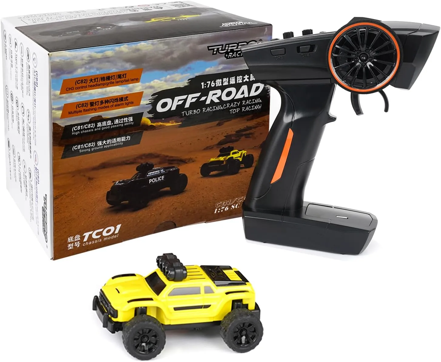 Turbo Racing 1:76 Scale RC Sport Car, Table Racing 2.4GHZ Remote Control Mini Model Crawler Car with Full Proportional RTR for Adults Toys (Monster Truck Yellow C81)