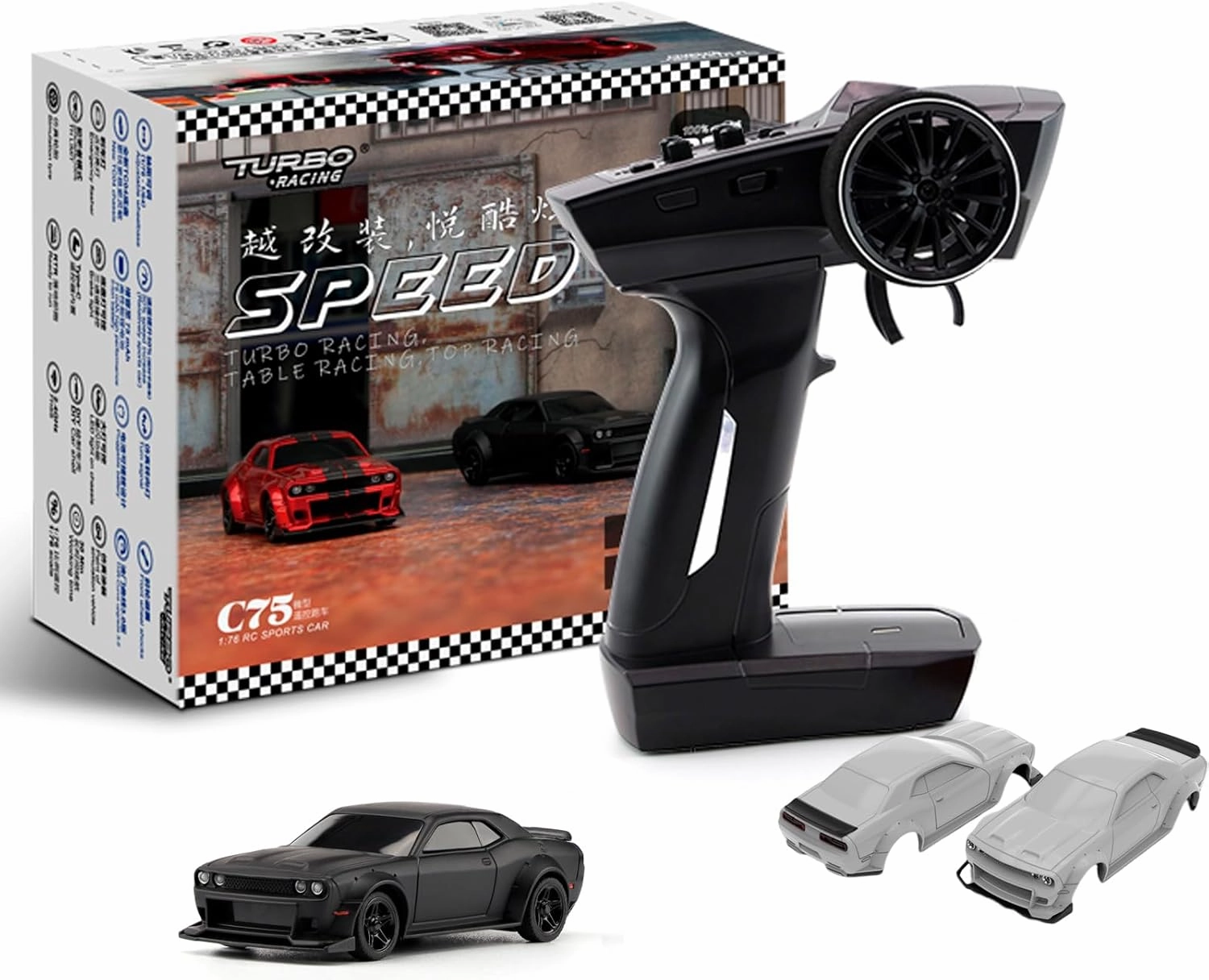 TurboRC 1:76 Mini Sports Car 4CH 2.4GHZ Remote Control Full Proportional RTR Kit with 2 Replaceable Body Shell (C75-Black)